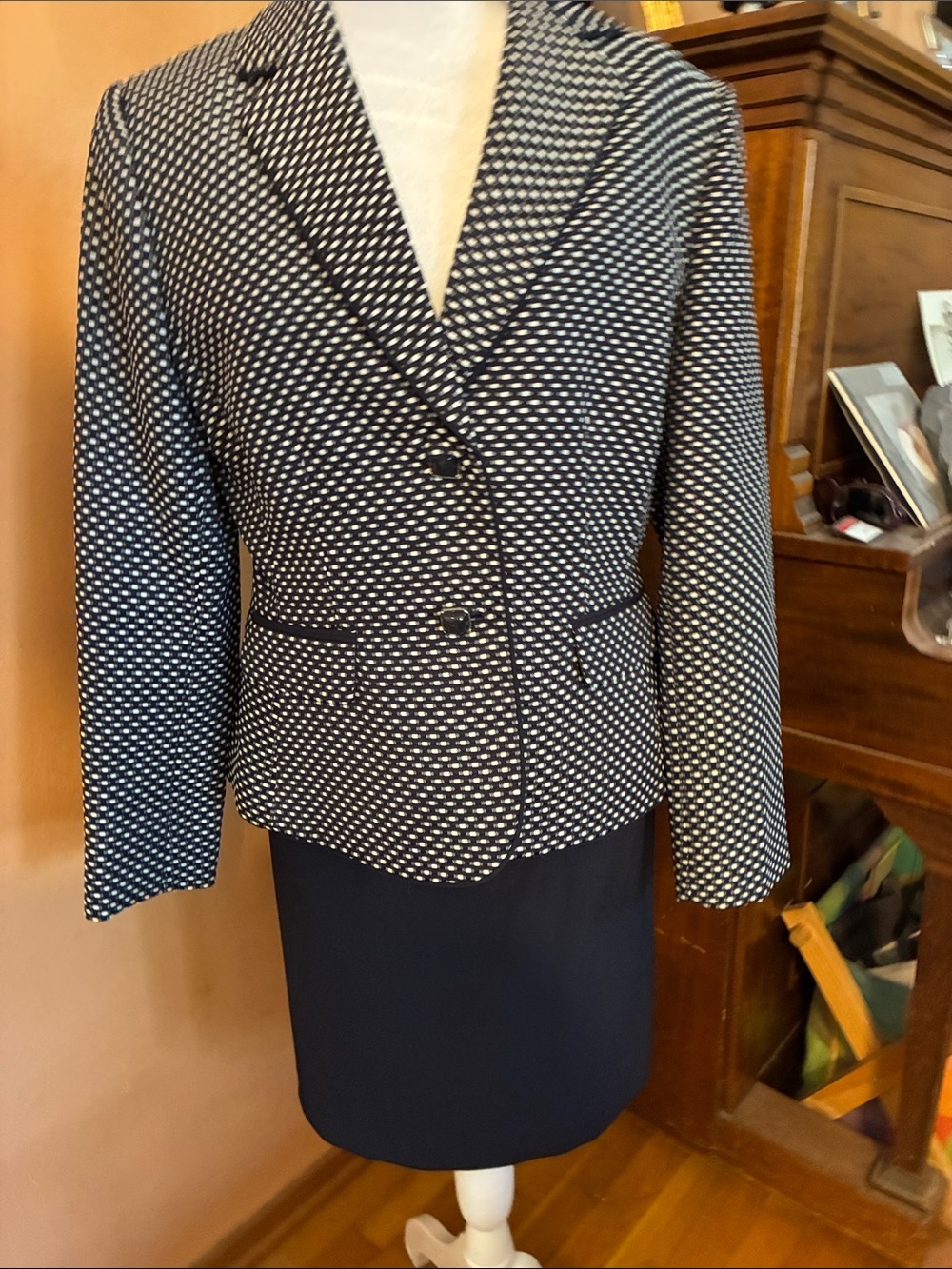 Navy and White Textured Two-Button Blazer by Tahari - Arthur S Levine